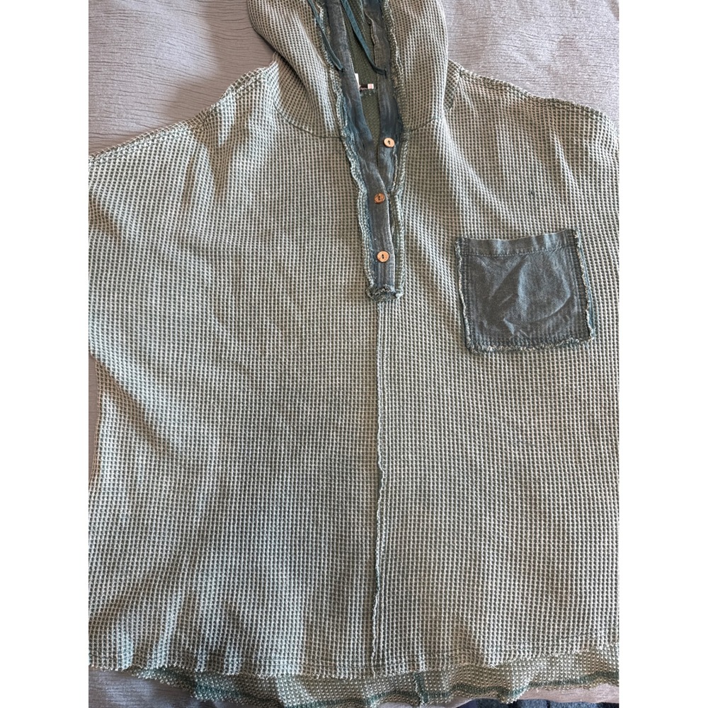 Womens Sage Green Beachy Lightweight Waffle Knit Henley Hoodie Indie Oversized - Picture 11 of 12